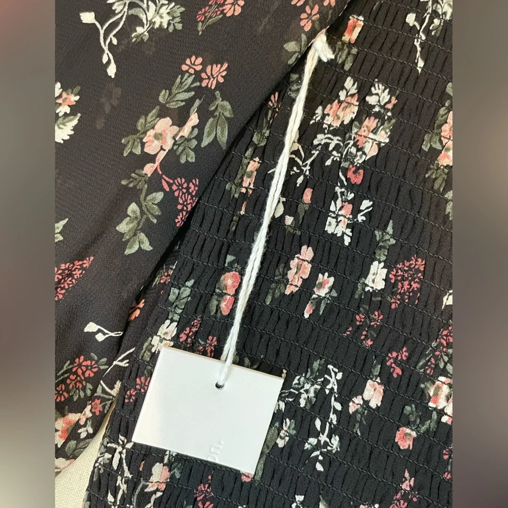 Reformation black Floral off shoulder long sleeve SmockedTop